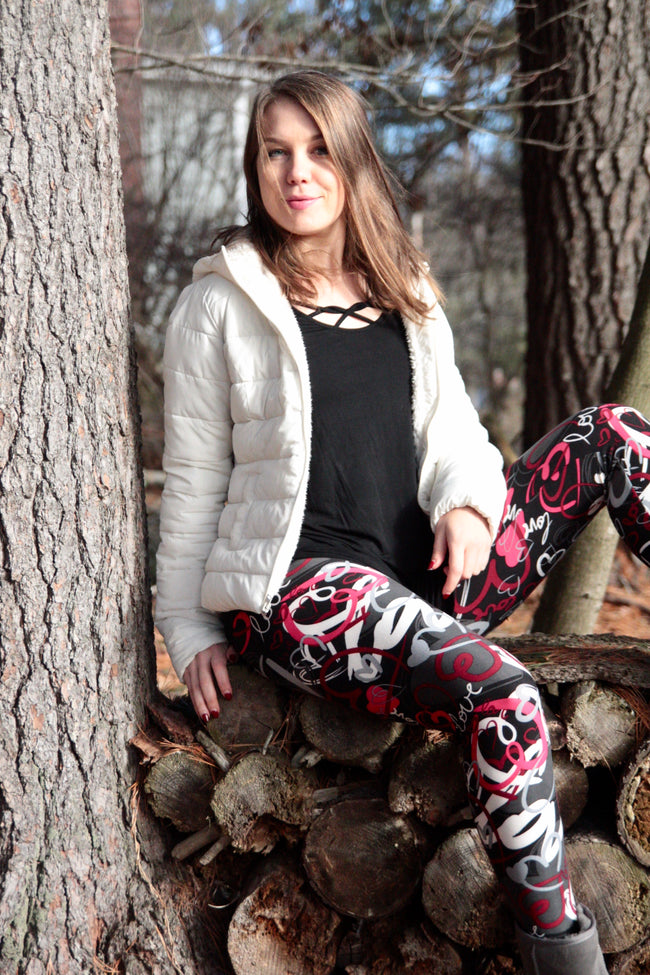 pink grey graffiti heart buttery Soft Microfiber High Waist Fashion Patterned Celebrity Leggings for Women one size