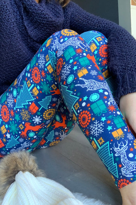Yoga Waist Blue/Orange Reindeer Nordic Knit Print Leggings