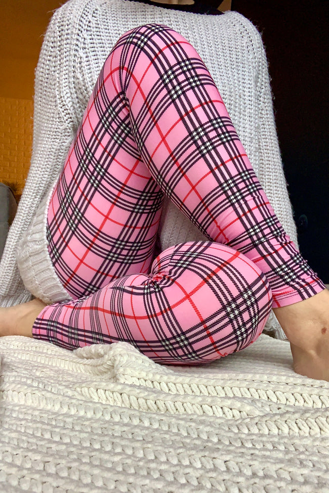 Yoga Waist 5" Pink Plaid Leggings