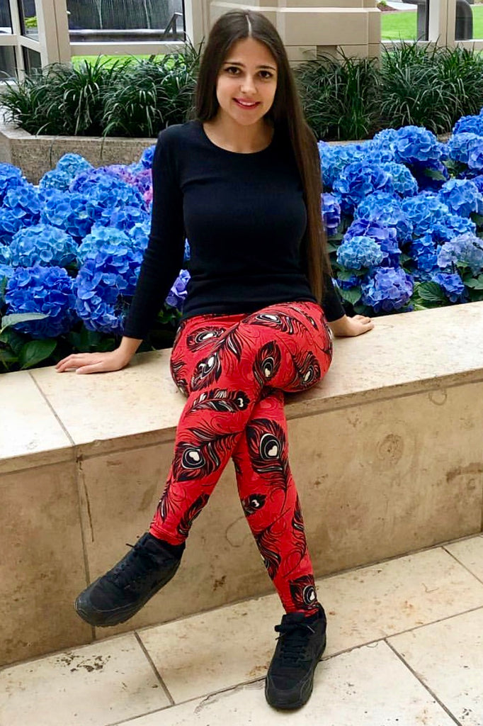 Red Peacock Feathers Print Leggings