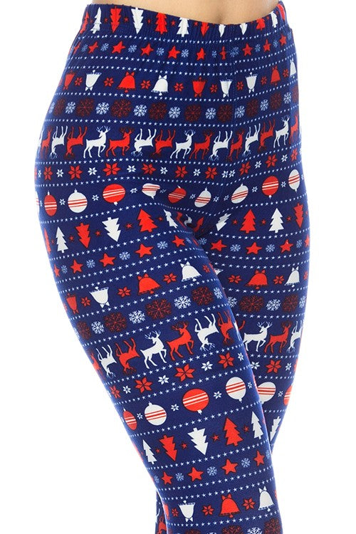 blue red Christmas reindeer buttery Soft Microfiber High Waist Fashion Patterned Celebrity Leggings for Women one size