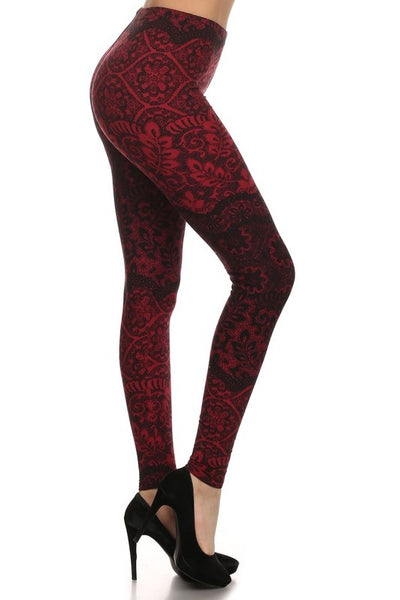 Olive/Burgundy Lace Print Leggings