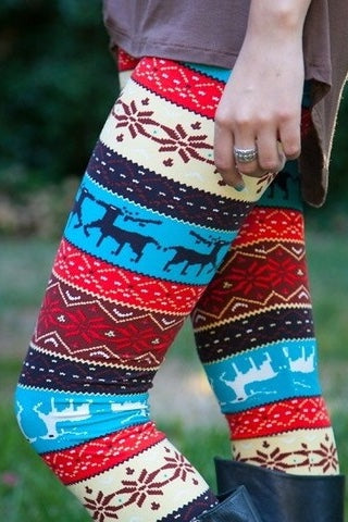 blue and orange christmas reindeer buttery Soft Microfiber High Waist Fashion Patterned Celebrity Leggings for Women one size