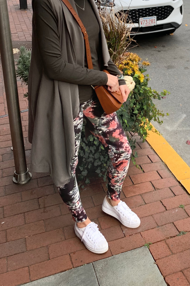 Yoga Waist 5 Inch Olive/Peach Tie Dye Print Leggings