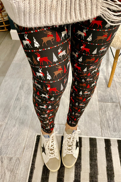 Yoga Waist 5 Inch Black/Red Reindeer Print Leggings