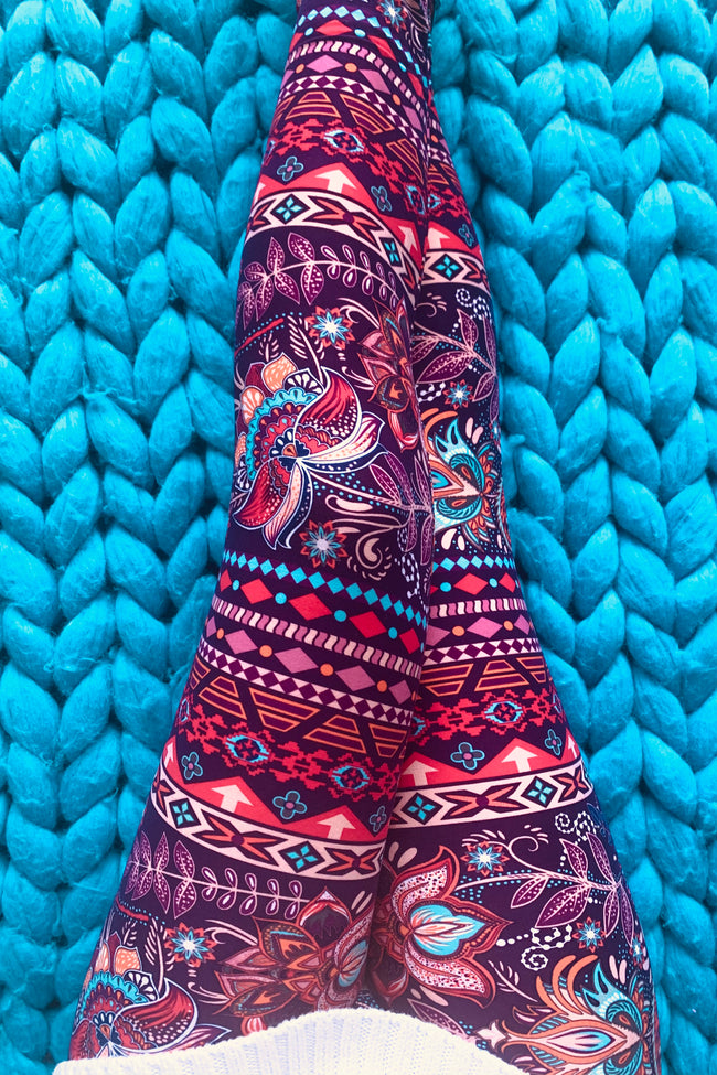 Burgundy/Teal Paisley Boho Print Queen Size Leggings