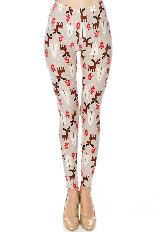 Beige/Red Reindeer Nordic Print QUEEN SIZE  Leggings