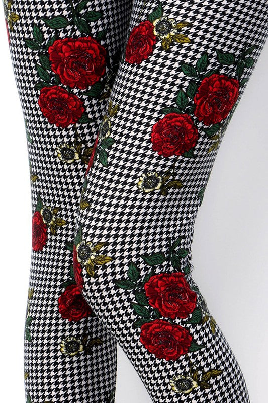 Houndstooth /Rose Print QUEEN SIZE Leggings