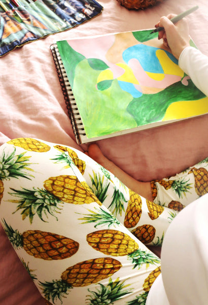 yellow white pineapple buttery Soft Microfiber High Waist Fashion Patterned Celebrity Leggings for Women one size