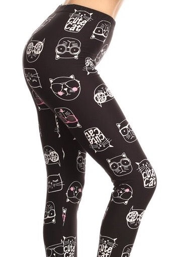 cute cat buttery Soft Microfiber High Waist Fashion Patterned Celebrity Leggings for Women one size