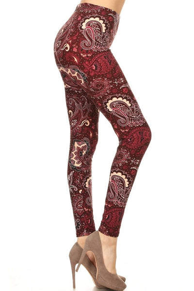 Burgundy Paisley Boho Print Leggings