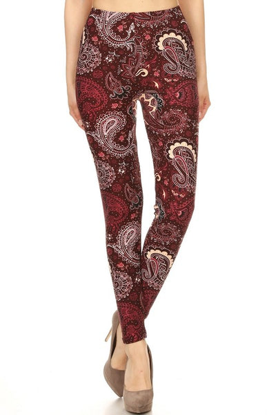 Burgundy Paisley Boho Print Leggings