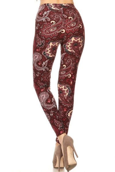 Burgundy Paisley Boho Print Leggings