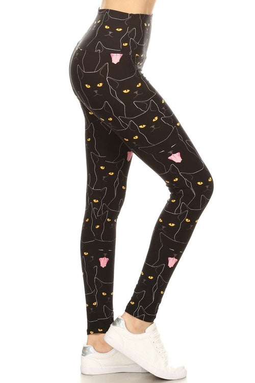 black cat yoga waist buttery Soft Microfiber High Waist Fashion Patterned Celebrity Leggings for Women one size