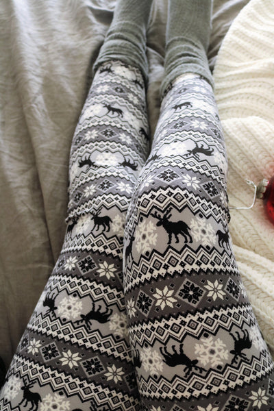 Gray Reindeer Christmas Print Leggings