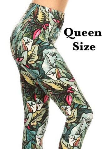Green Leaf Print QUEEN SIZE Leggings