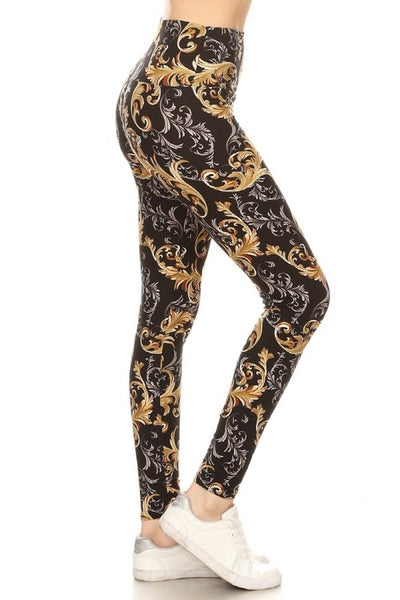 Yoga Waist 5" Black/Beige Paisley Boho Print Leggings