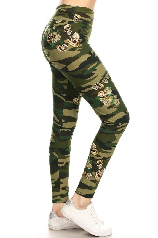 Yoga Waist Skull Army Print Leggings