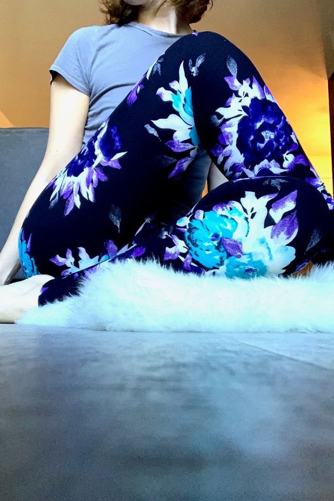Yoga Waist(3") Blue/Purple Floral Print Leggings