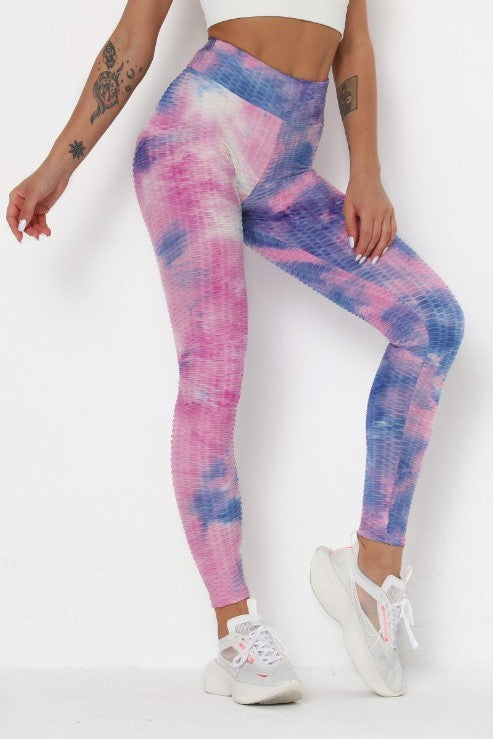 Tie Dye Yoga Waist BUBBLE Leggings w/Scrunchy Back