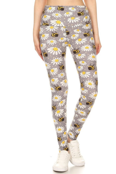 Girls Black Daisy Print Elastic Waist Leggings