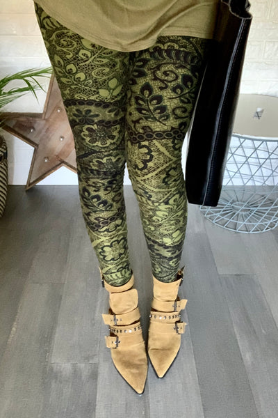 Olive/Burgundy Lace Print Leggings
